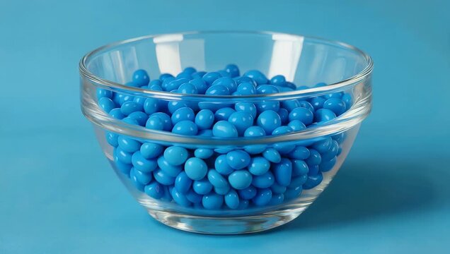 Technical 4K 3D render of rotating glass bowl containing blue polypropylene plastic granules showcasing the raw masterbatch material used industrial resin manufacturing