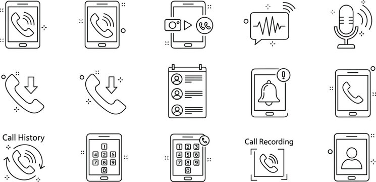 Phone call and mobile communication line icon set with call history recording voicemail microphone and smartphone illustration
