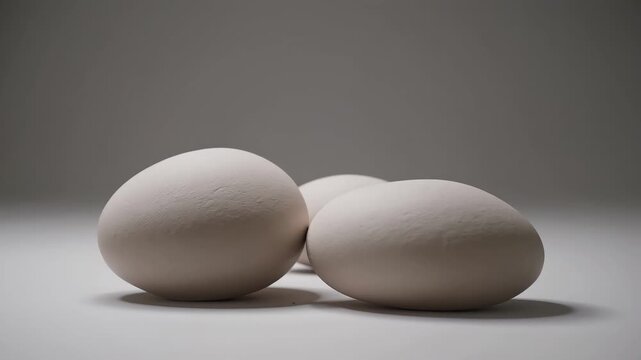 Two smooth white eggs rest on a softly lit, neutral surface; minimalist studio still life with gentle shadows highlighting texture and form