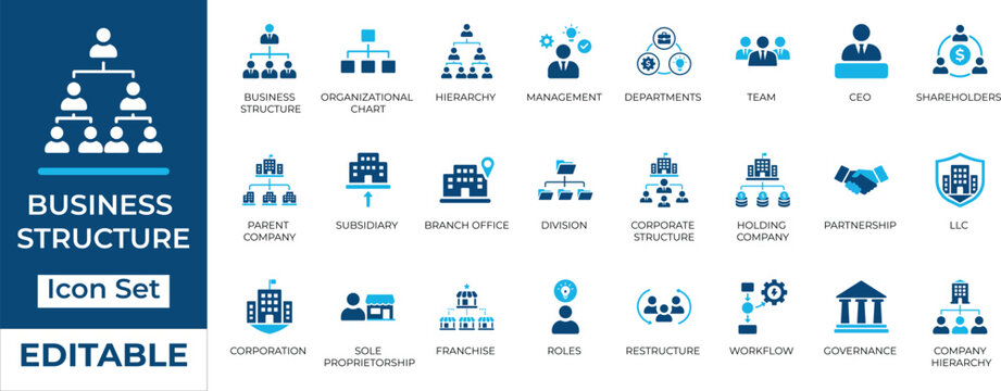 Editable business structure and organizational chart icon set. Flat vector illustration of corporate hierarchy, management, team roles, and governance in two-tone design.