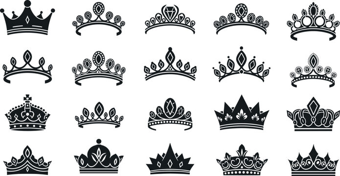 Royal crown and tiara silhouette icon collection luxury monarchy symbols king queen heraldic jewelry vector set