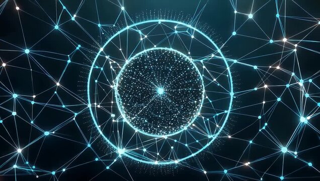 Big Data Visualization Concept Featuring Low Poly Geometric Shape with Connecting Digital Dots and Lines on Futuristic Dark Background