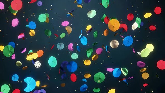 Abstract 4K particle render showing large multi colored confetti falling through space with tiny light specks creating high quality moving background for web design and intros