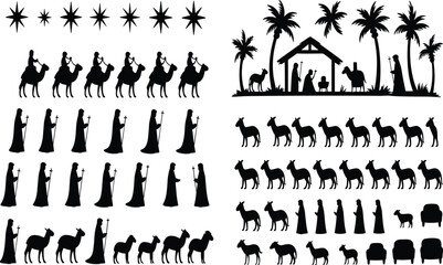 Nativity silhouette, Christmas scene, holy family, three wise men, camels, donkeys, palm trees, stable, religious art, vector illustration