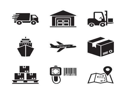 Professional logistics system icons with streamlined shipping and delivery silhouette designs