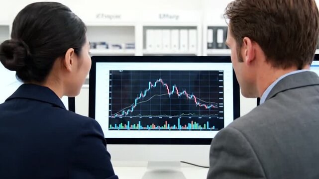 Two professionals, a woman and a man, analyze stock market charts on a computer in a modern office, discussing trends and data, with shelves of binders in the background.