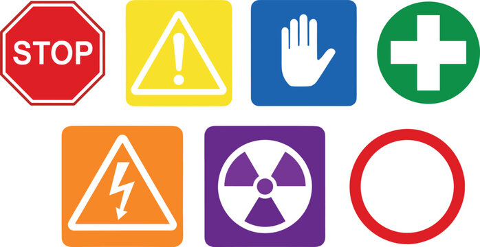 red octagonal stop sign, yellow triangle warning, blue hand stop sign, green cross, orange electrical hazard, purple