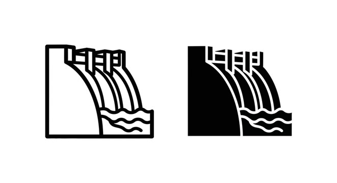A black and white illustration of a dam with water flowing out, presented in both positive and negative formats.