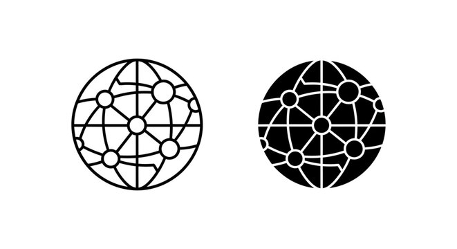 Two black and white globe icons with network connections on a plain white background