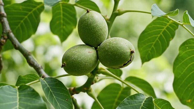 Unripe green walnuts hanging on a tree branch surrounded by leaves.