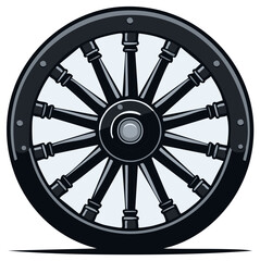 Obraz premium Vintage Wooden Wagon Wheel With Many Spokes And Metal Rim
