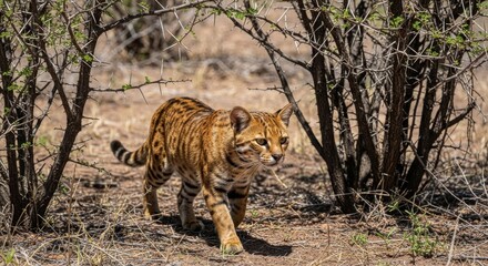 Agile Jaguarundi Cat Walking Stealthily Through Dry Savannah Bushland