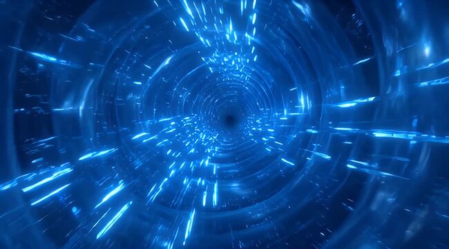 Deep blue abstract tunnel with luminous swirling lines and a dark core, dynamic speed