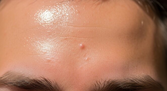 Close-up of a persons forehead showing a small pimple and oily skin.