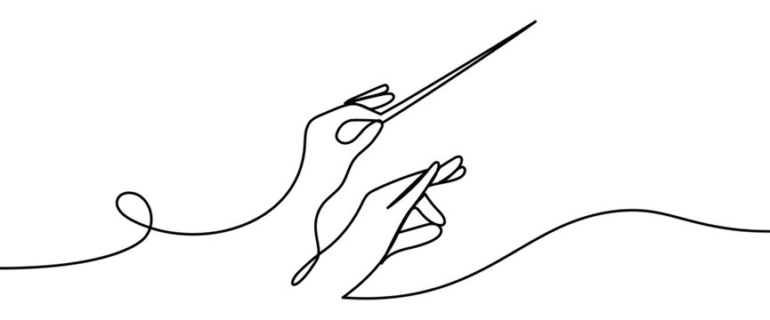 Orchestra conductor hands continuous line drawing isolated on transparent background vector illustration. Minimalist monoline drawing representing musical direction and conducting