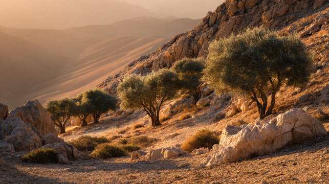 Small grove of olive trees on rocky judean hillside at sunrise with warm golden light and symbolic biblical nature scene
