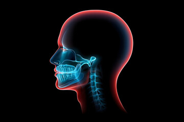 Obraz premium 3D medical illustration of human skull and respiratory tract glowing in neon blue and red