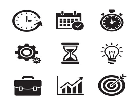 Modern time management icons with elegant clock and schedule silhouette designs