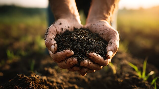 Farmer's hands holding rich dark soil in a sunlit agricultural field
