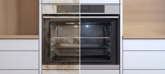 Obraz premium The oven before and after cleaning showing dramatic transformation between dirty and pristine