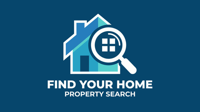 This graphic features a house design with a magnifying glass emphasizing the theme of searching for a new home, showcasing real estate opportunities and exploration.