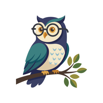 An adorable owl wearing glasses perched on a branch, symbolizing wisdom and intelligence in nature, making it a charming illustration for educational or children's media.