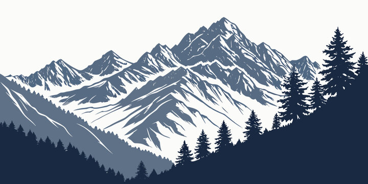 snowy mountain range with pine trees in foreground Vector