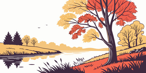 a colorful tree by a lake during autumn Vector © Rabbi