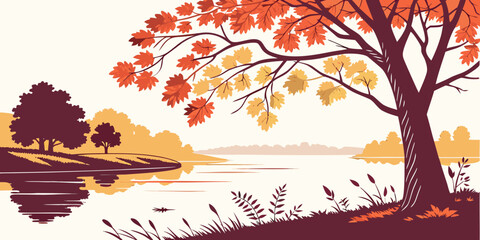 a tree with orange leaves stands by a lake Vector © Rabbi