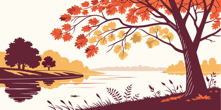 a tree with orange leaves stands by a lake Vector