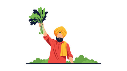 Naklejka premium Proud indian farmer wearing a yellow turban and red shirt holding a bunch of green leafy vegetables in a field for agriculture business.