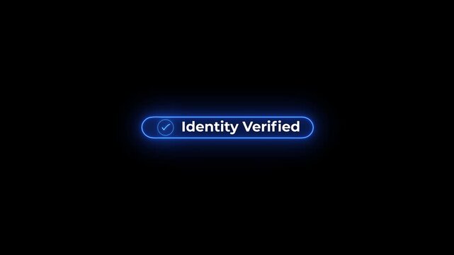 Illuminated blue neon progress bar featuring a red checkmark and the text Identity Verification in bold red lettering, presented on a solid black backdrop, indicating a completed identity