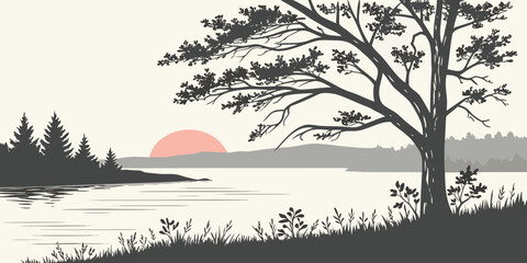 a tree stands alone by the serene lake at sunset Vector © Rabbi