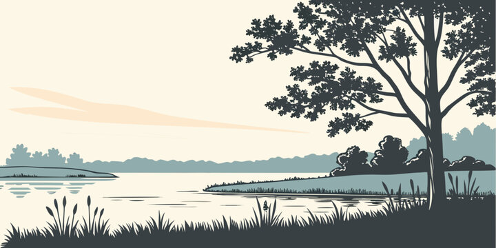 a serene lake scene with a tree on the shore Vector