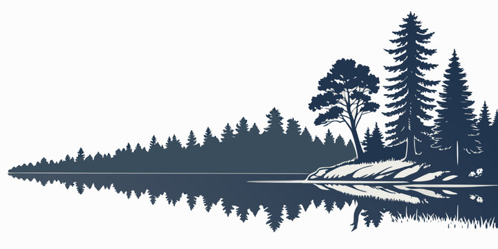 a serene lake scene with trees on the shore Vector
