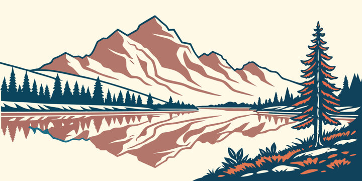 a mountain range with a lake and a tree in the foreground Vector