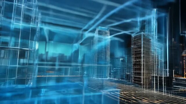 Futuristic digital city skyline architecture wireframe blue glowing modern urban technology abstract building night light innovation design metropolis concept 3D visualization structure high rise