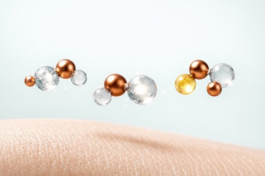 Ferulic acid molecular skincare concept with glowing antioxidant spheres above skin surface representing advanced dermatology protection