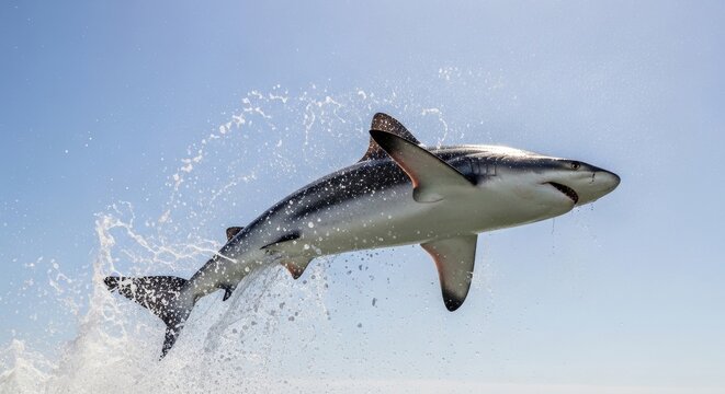 Powerful shark leaping from the water creating a dramatic splash against the blue sky
