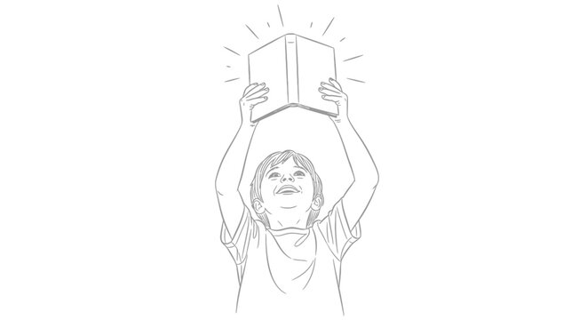 Person holding a glowing book above their head, symbolizing knowledge and enlightenment.