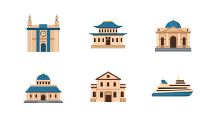 Naklejka premium Diverse collection of flat design architectural landmarks and a cruise ship icon, symbolizing global travel, tourism, and cultural heritage exploration