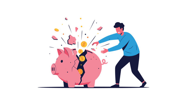 Stressed man attempting to catch falling gold coins from a shattered piggy bank symbolizing financial loss and economic crisis situations.