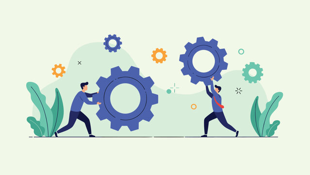 Two business professionals collaborating to fit two large blue gears together illustrating the concept of effective teamwork and synergy.