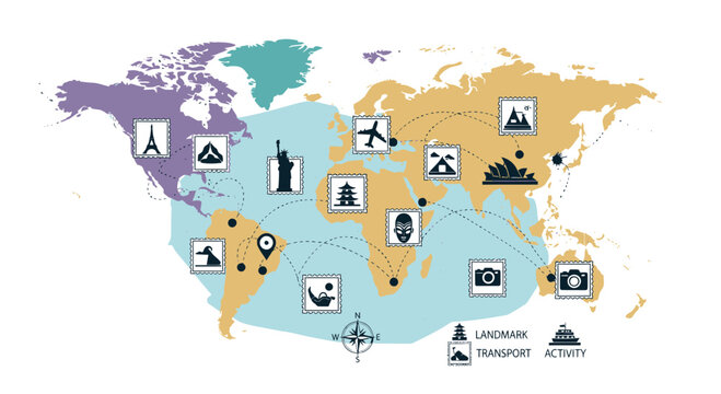 Visual world map featuring iconic global landmarks, international travel routes, and diverse tourist activities, symbolizing interconnected destinations and worldwide exploration