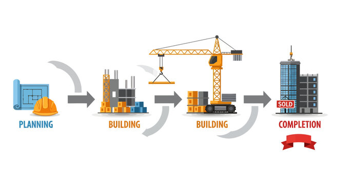 Comprehensive visual guide to the construction journey, outlining critical stages from initial blueprint planning, foundational development, progressive building phases, to ultimate project completion