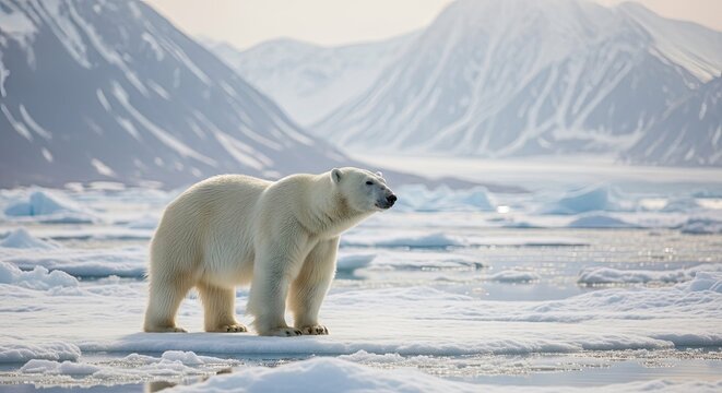 Polar bear standing on arctic ice with majestic mountain range in the background