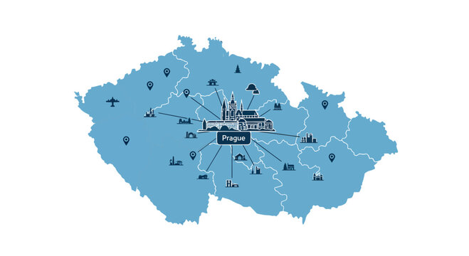 Dynamic vector map of Czech Republic illustrating key locations and infrastructure connections centered around the vibrant capital city of Prague for business and travel
