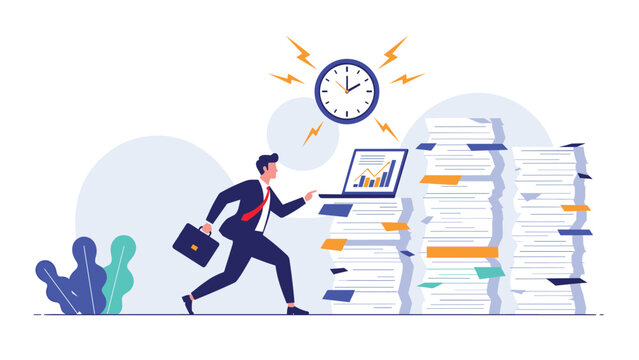 Stressed businessman running past huge stacks of paperwork and an alarm clock representing deadline pressure and heavy workload.