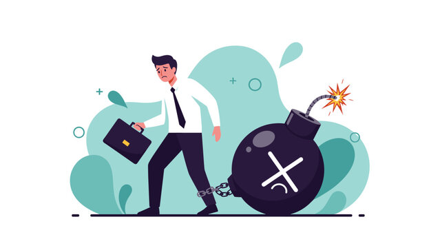 Sad employee dragging a heavy black bomb with a lit fuse symbolizing a dangerous business situation or impending financial crisis.