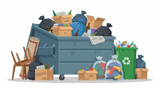 A cluttered dumpster overflowing with trash bags, cardboard boxes, and recyclable goods, highlighting the importance of recycling and responsible waste management.